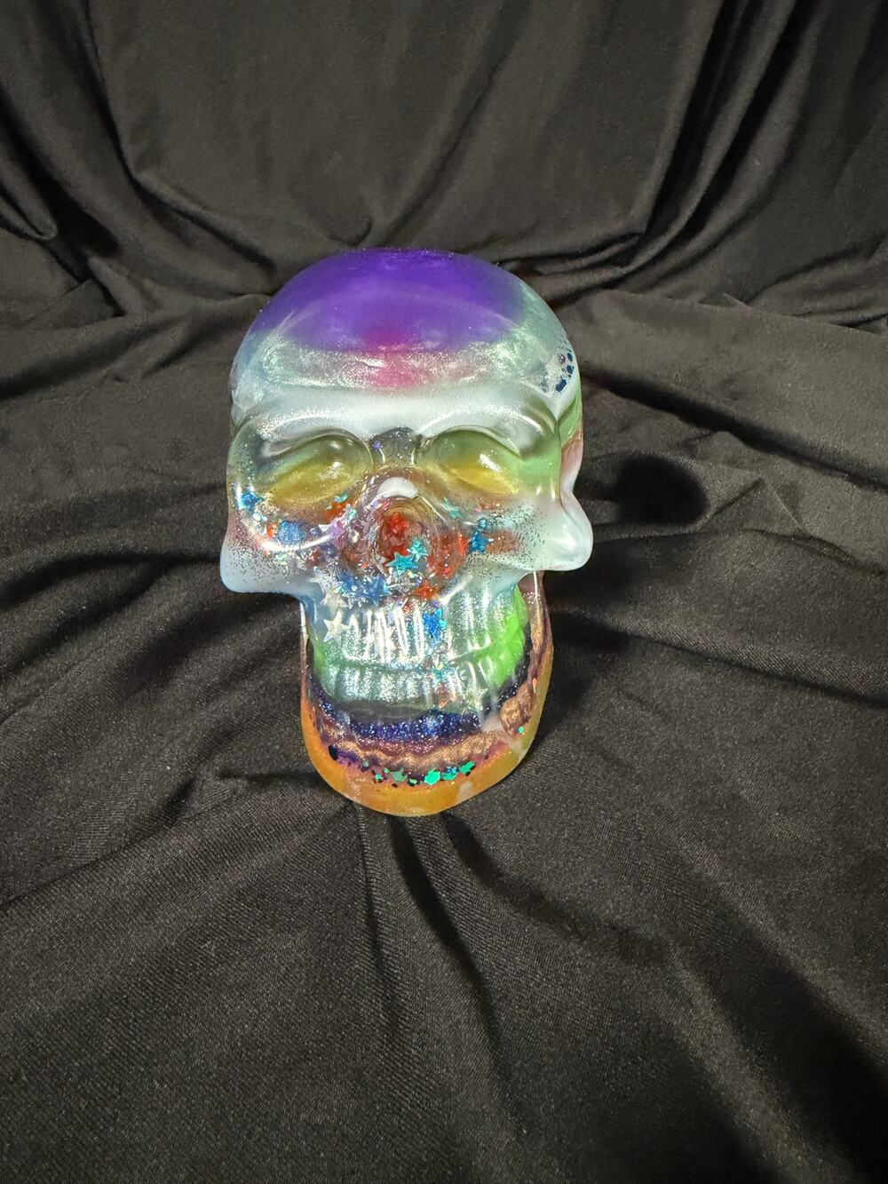 One-of-a-Kind Colorful Glitter Resin Skull Halloween Decor
